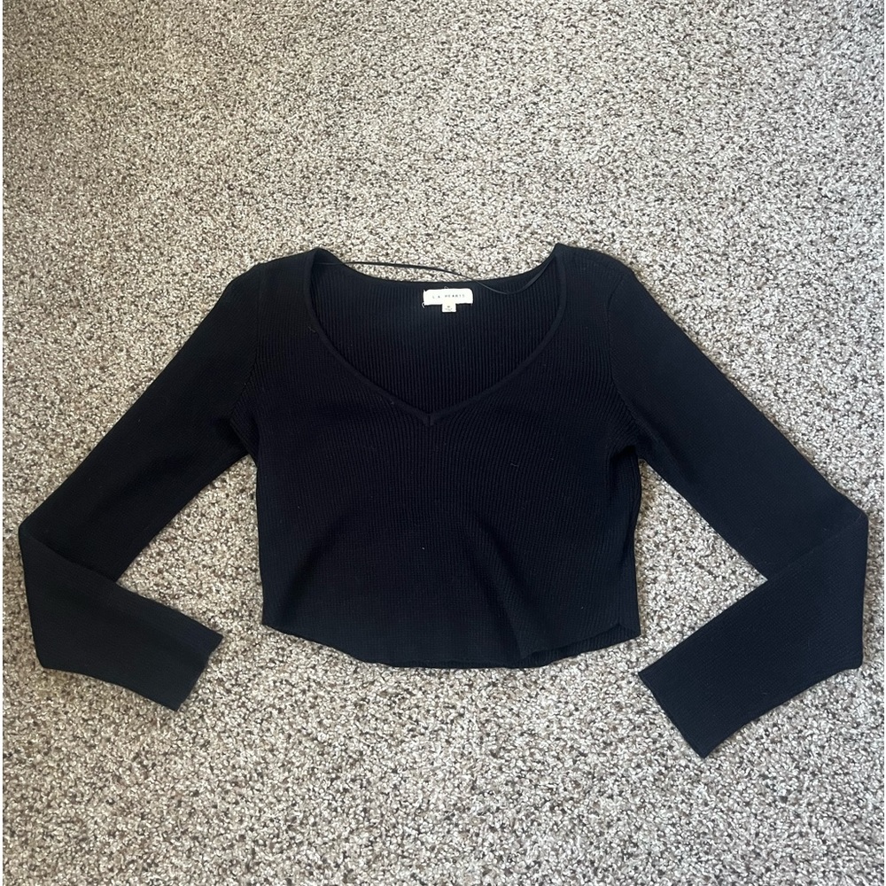 PacSun Black Long Sleeve V Neck Waffle Print Top Size M